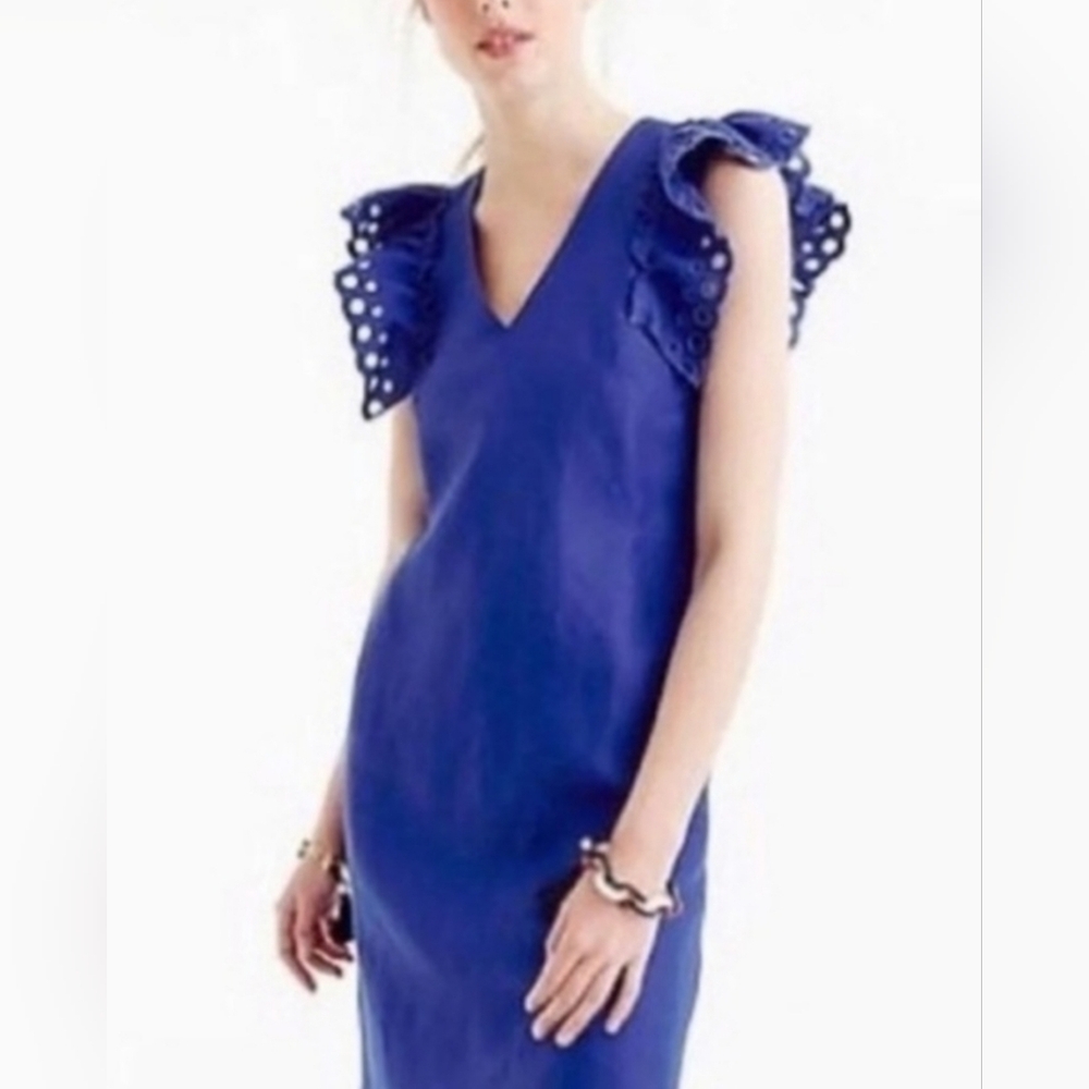 J. Crew Collection Ruffle-Shoulder Linen Sheath Dress in Byzantine Blue sz 0